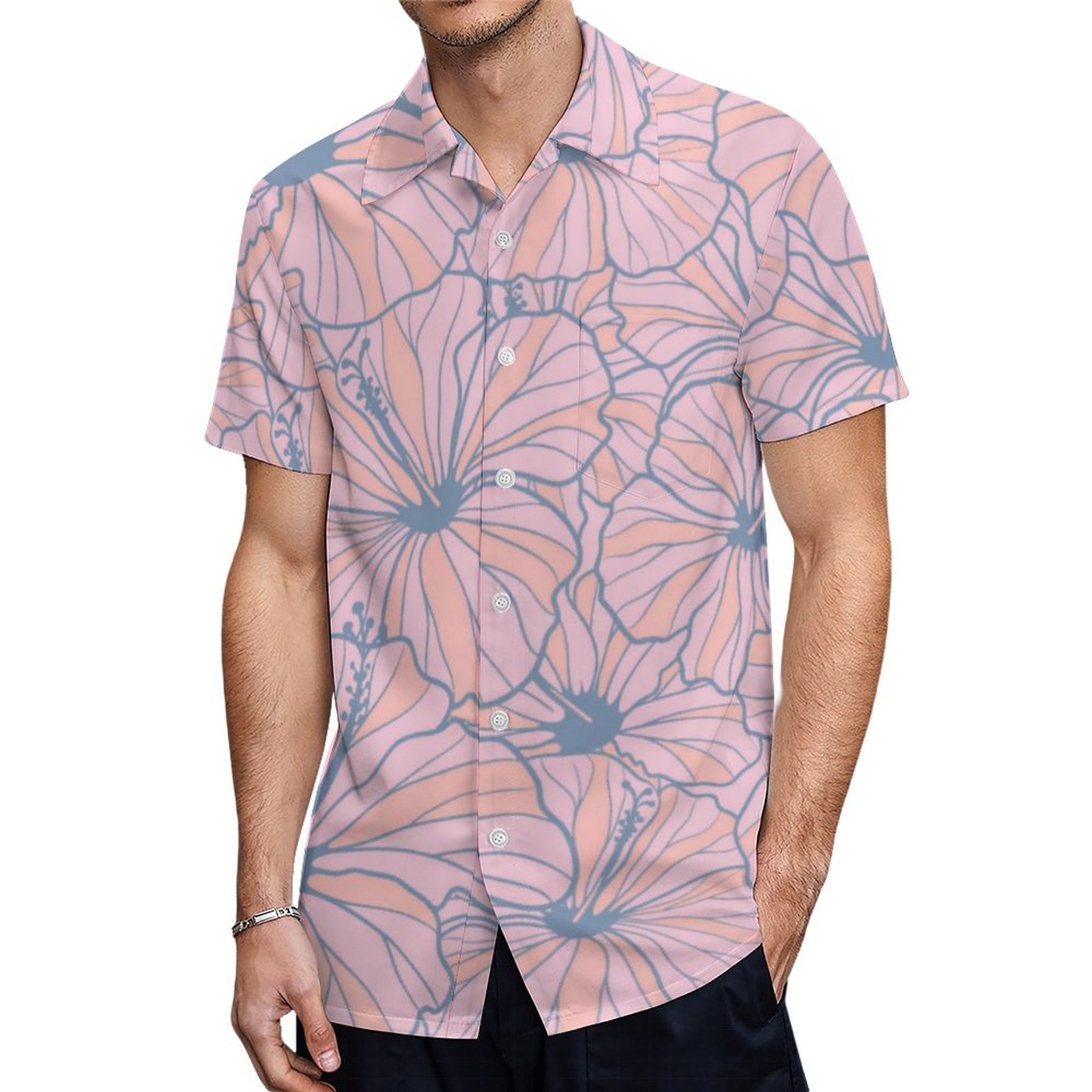 Elegant Tropical Pink Floral Hibiscus Pattern Hawaiian Shirt Mens Button Down Tropical Hawaii Beach Shirts
