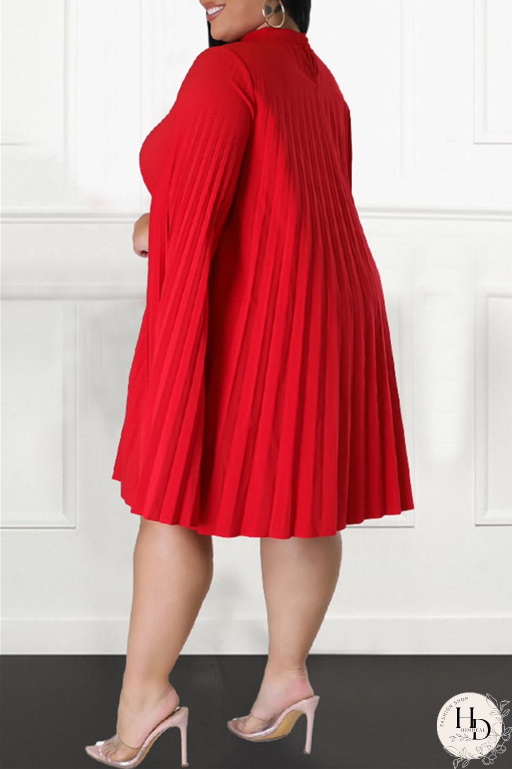 Red Casual Solid Patchwork Fold Half A Turtleneck Plus Size Dresses