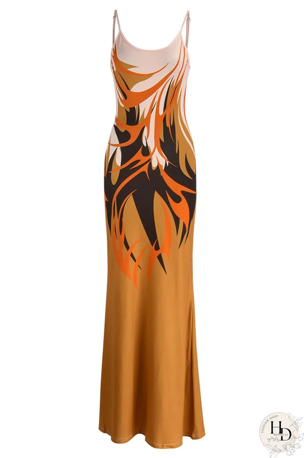 Ginger Fashion Sexy Print Backless Spaghetti Strap Long Dress