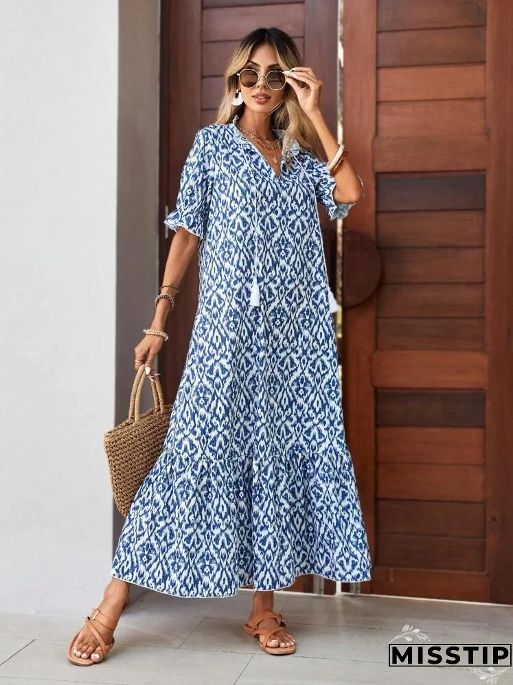 Allover Print Tassel Tie Neck Flounce Sleeve Ruffle Hem Smock Dress