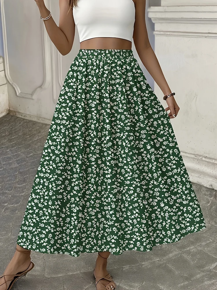 Lightweight, High-Waist Women's Floral Print A-Line Skirt | Casual Summer Skirt With Blue Floral Pattern, Perfect For Vacation And Casual Attire