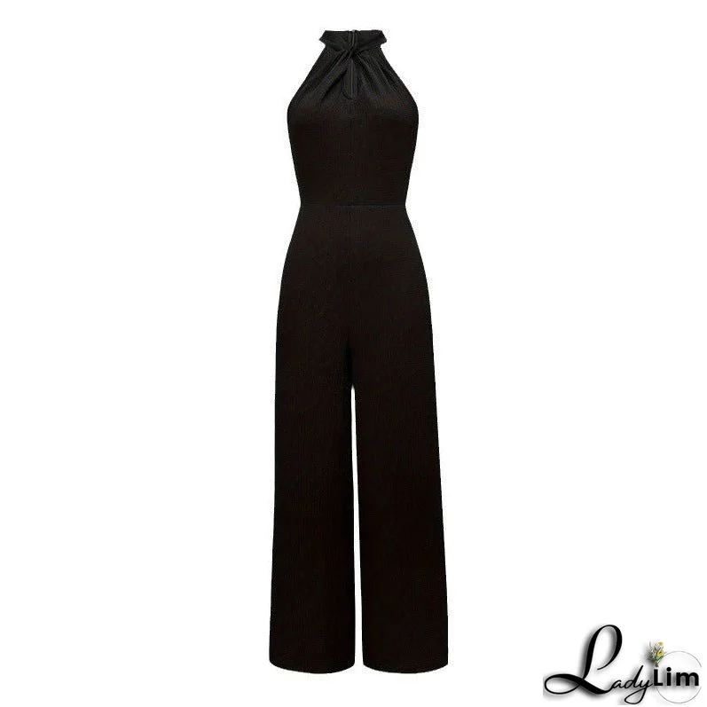 Elegant Solid Color Halter Sleeveless Long Jumpsuit - Commuter Style