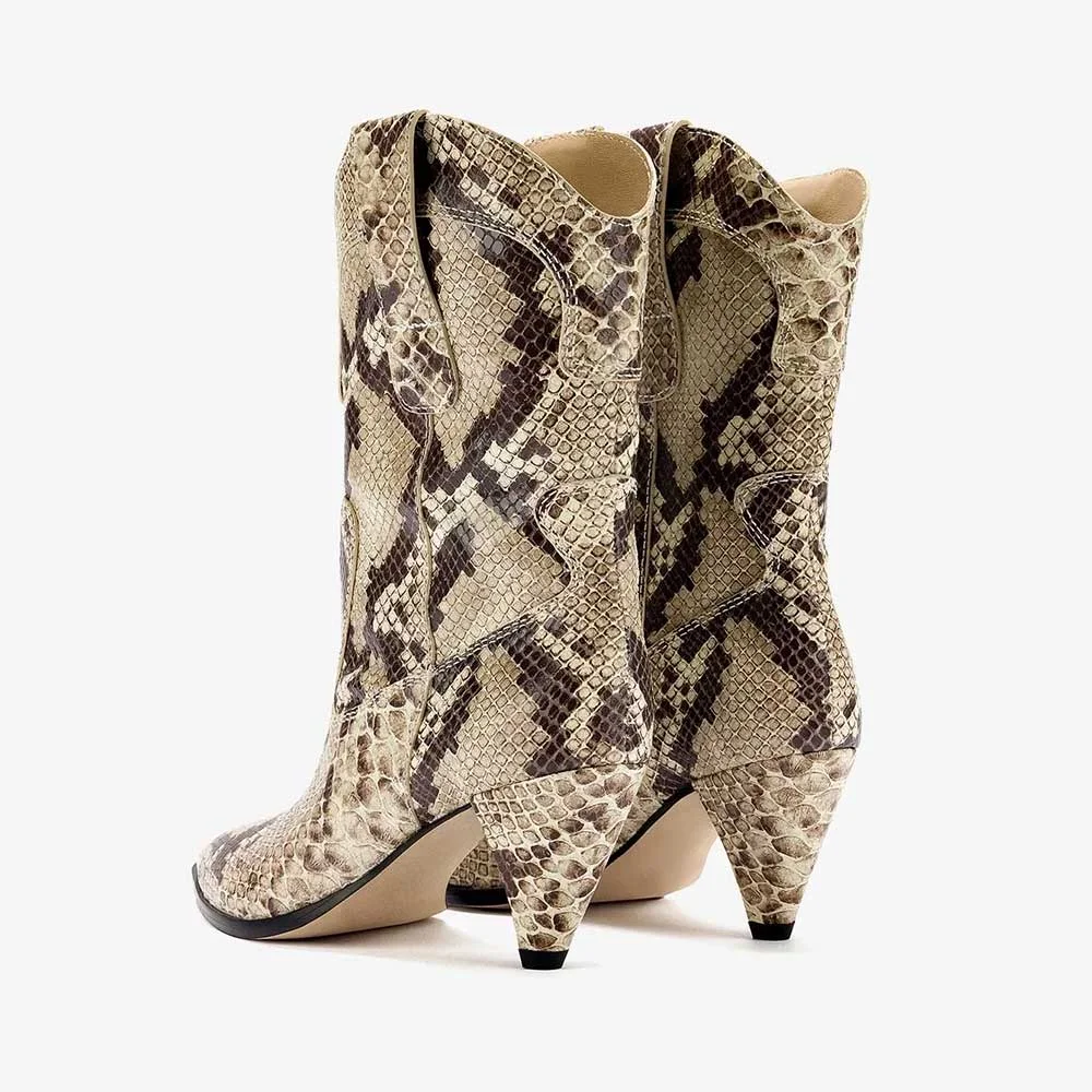 Snakeskin Pattern Pointed Toe Cone Heel Beige Cowboy Boots for Women