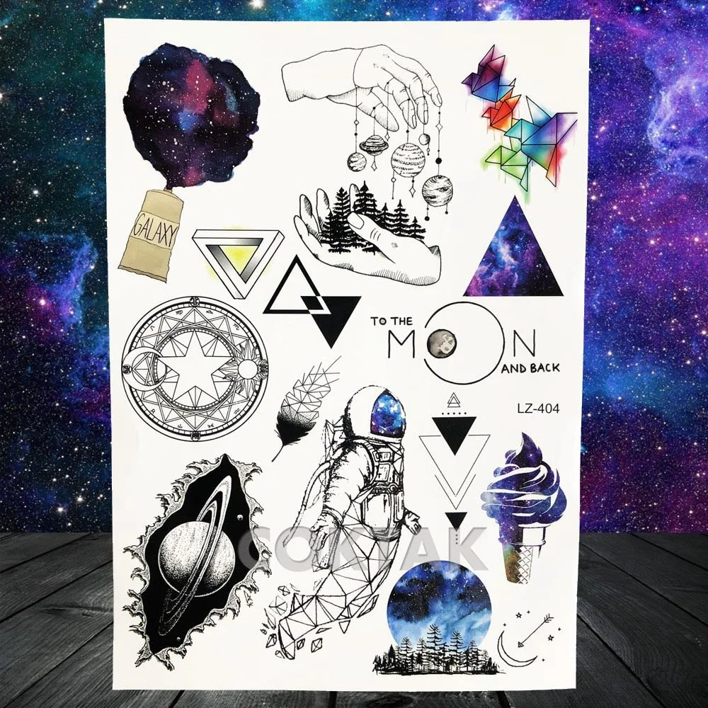 Fashion Space Temporary Tattoos For Kids Women Body Art Face Tatoos Realistic Fake Washable Geometric Flower Wolf Tattoo For Men