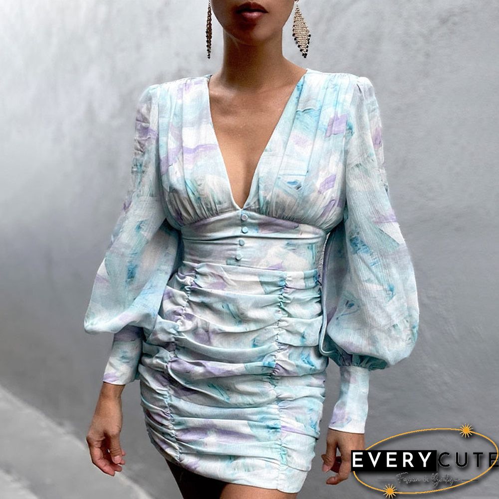 Women Sexy Deep V Neck Floral Print Long Lantern Sleeve Ruched Dress Summer Elegant Female Bodycon Party Dress Vestido