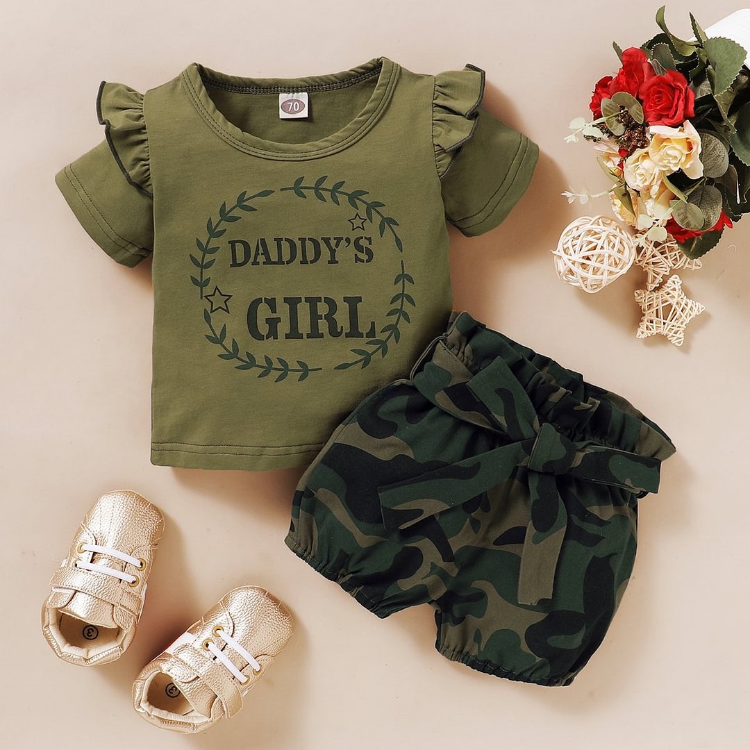 2PCS Daddy's Girl Ruffle Shoulder Top With Camouflage Shorts Baby Set