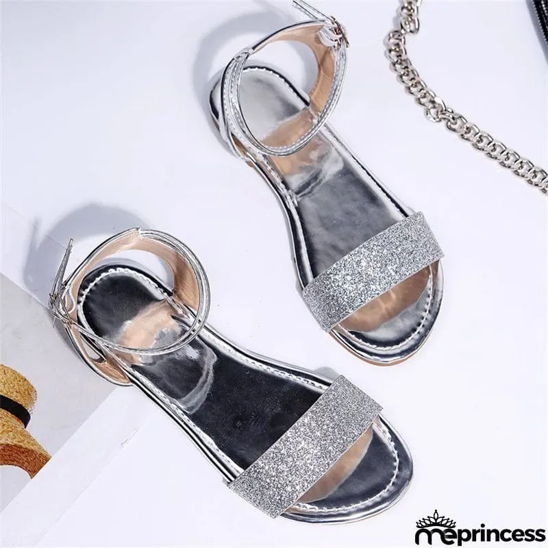 Gorgeous Retro Shiny Sequins Buckle Flat Roman Sandals for Women