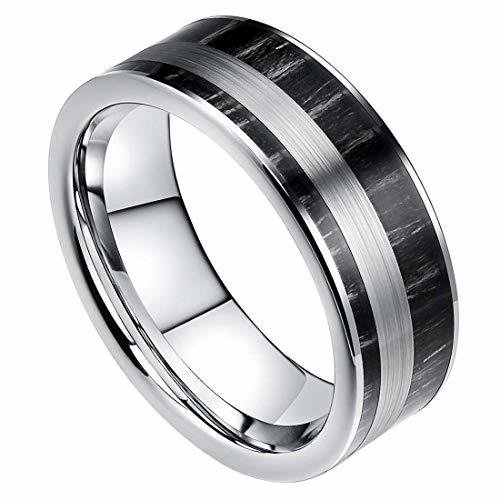 Women's Or Men's Tungsten Carbide Wedding Band Matching Rings,Black with Silver Tone Stripe and Ebony Wood Wood Inlay Comfort Fit Tungsten Carbide Ring Comfort Fit With Mens And Womens For Width 6MM 8MM