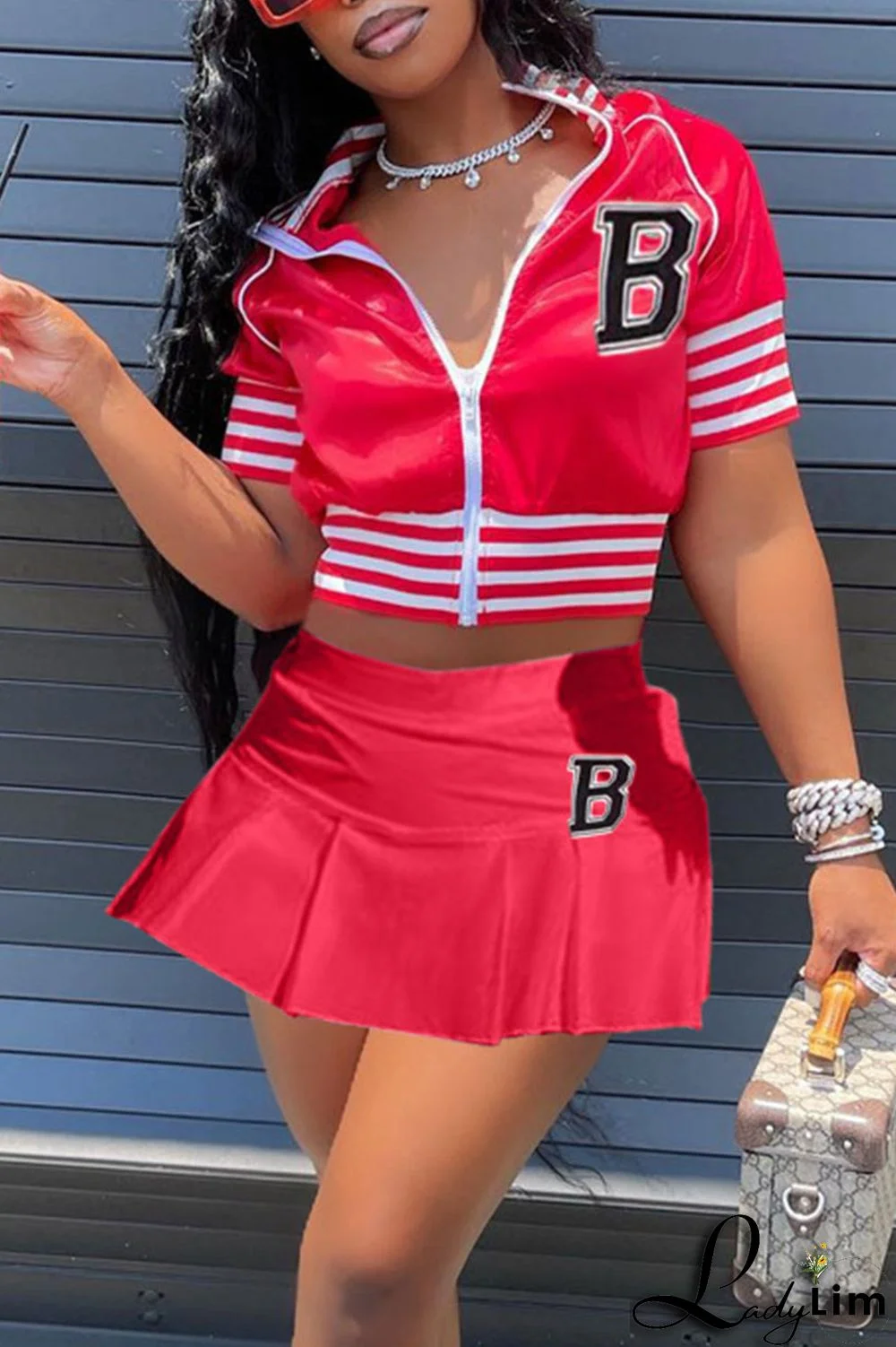 Blue Casual Street Print Split Joint Zipper Collar Short Sleeve Two Pieces