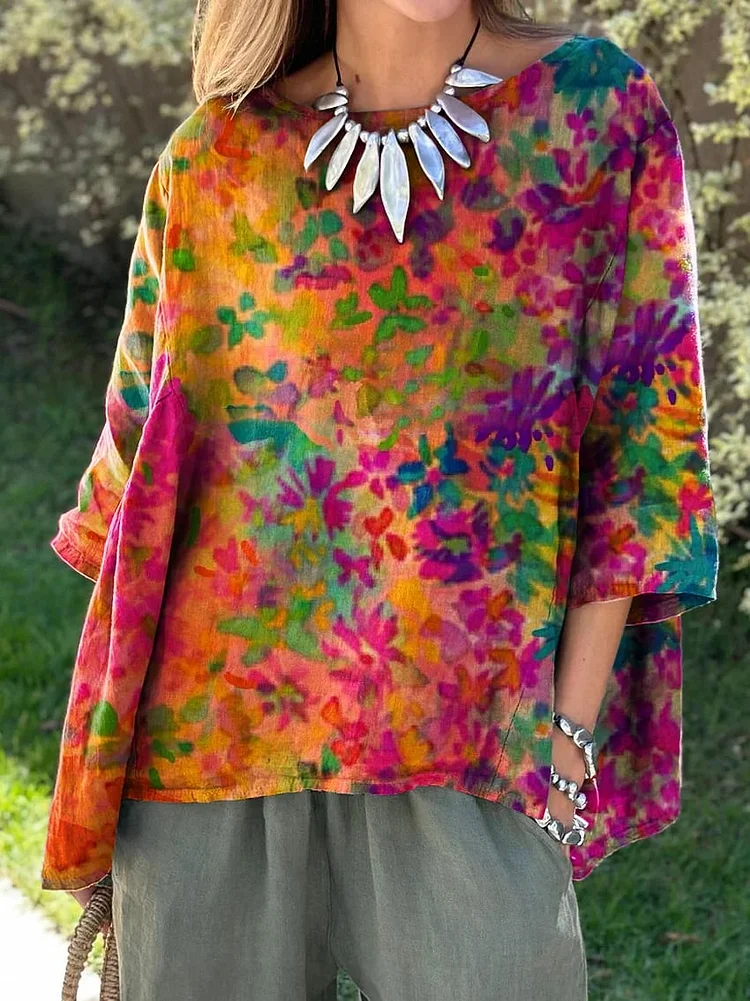 Women's Floral Art Print Casual Cotton And Linen Shirt