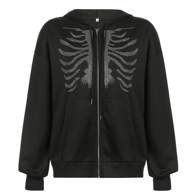 Y2K Rhinestone Skeleton Hoodies Women Autumn Streetwear Zip Up Goth Black Sweatshirts Harajuku Grunge Oversized Winter Hoodies