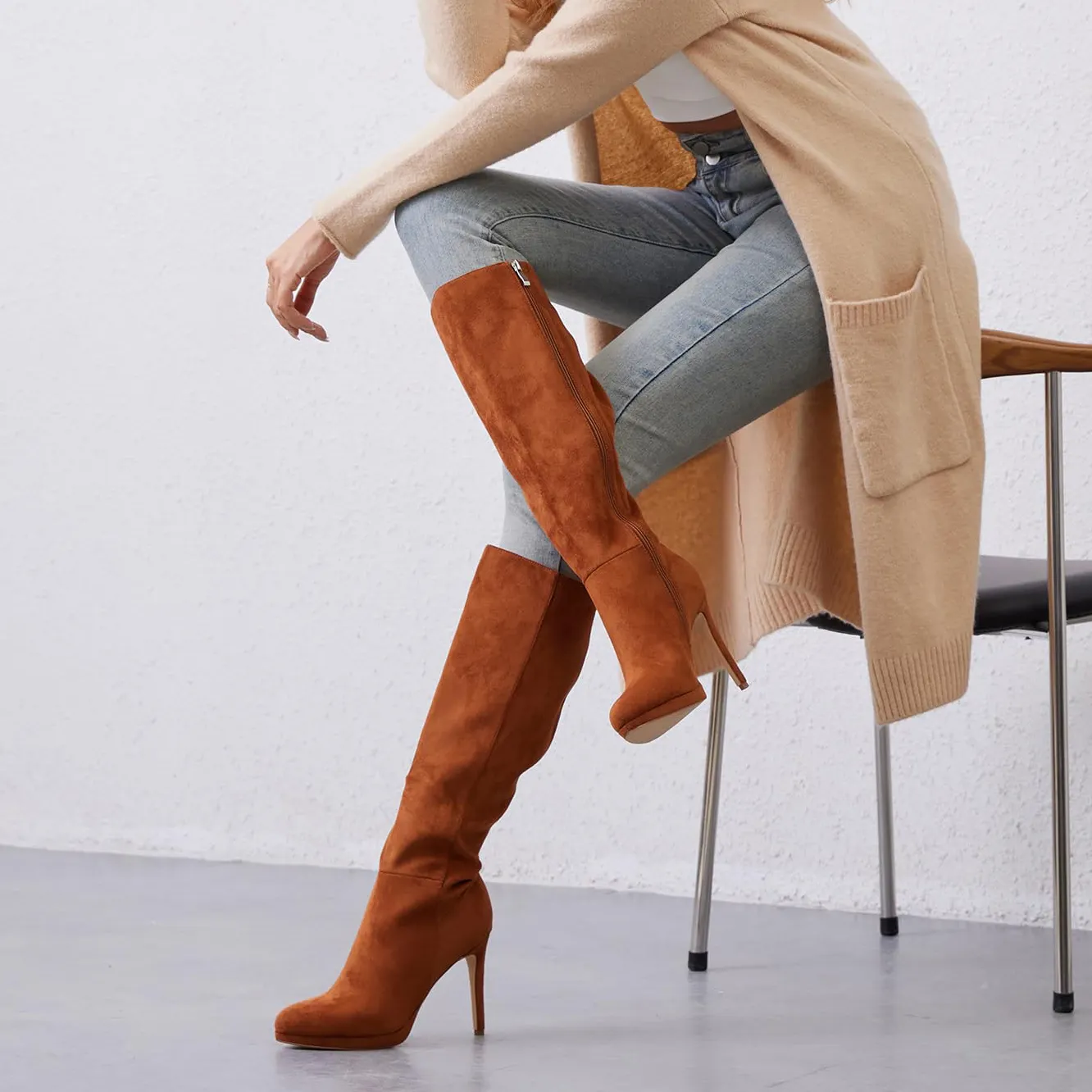 105mm/4.1 Inch Fashion Knee High Boots Platform Heel Boots -vocosishoes