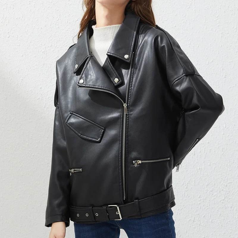 Ailegogo Spring Autumn Oversized Faux Leather Jacket with Belt Women Casual Loose Biker Outwear Female BF Black Leather Coat