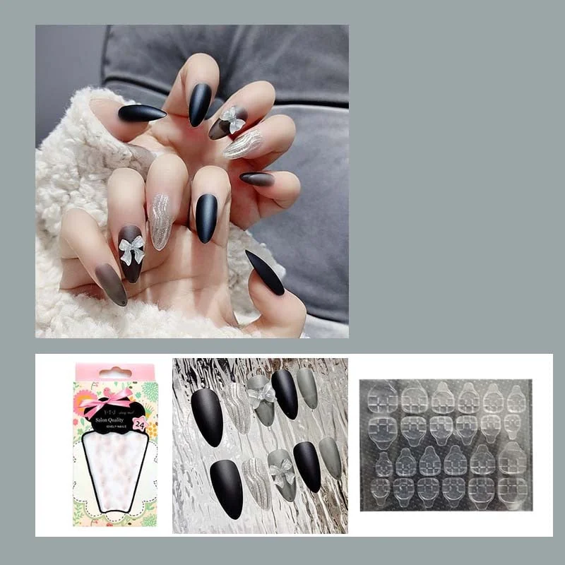 24pcs decorated false nails Transparent purple bow with long round head falis nails Manicure patch acrylic nail tips-Nail Inspo