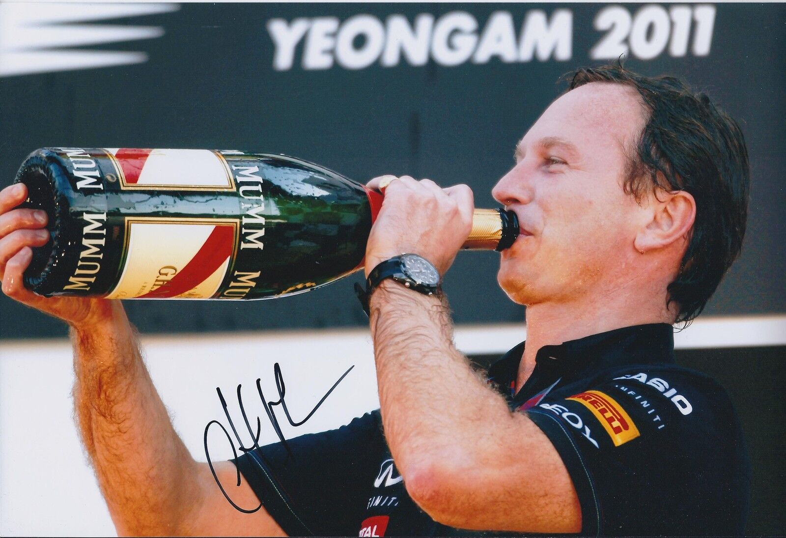 Christian Horner SIGNED Red Bull Victory Drink AUTOGRAPH 12x8 Photo Poster painting AFTAL COA