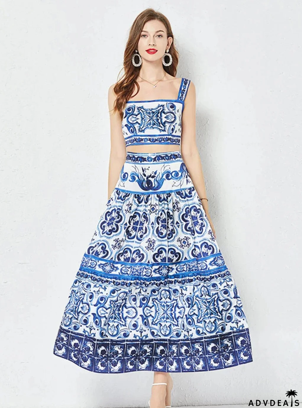 Porcelain Printed Top and Pleated Skirt Set