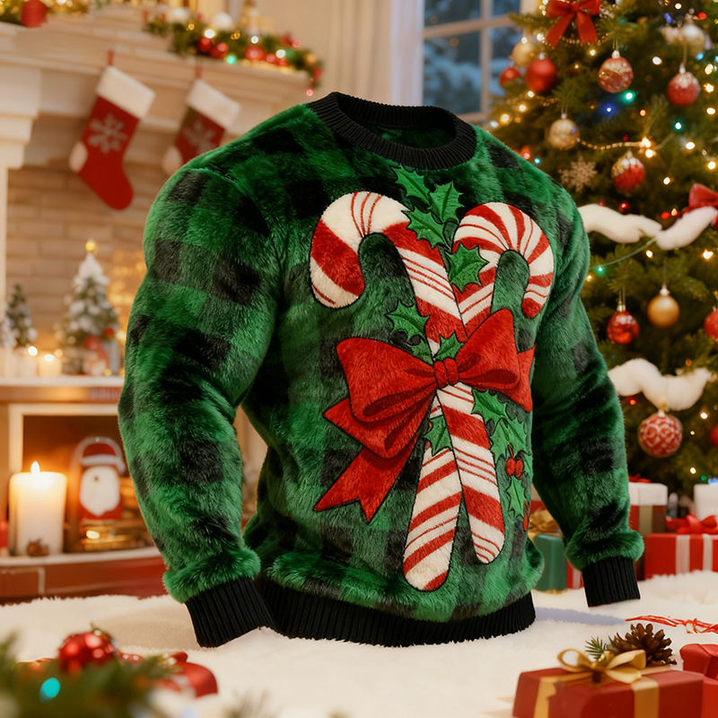 Men's Ugly Christmas Plaid Cane Pattern Plush Sweatshirt elevenforest