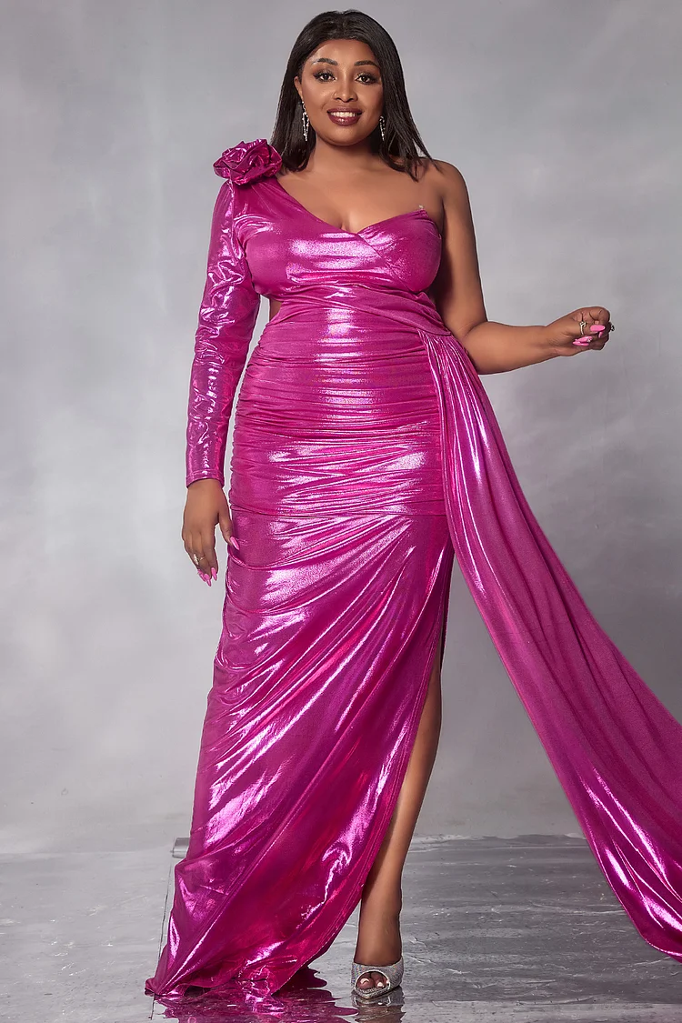 Xpluswear Design Plus Size Prom Maxi Dresses Elegant Magenta Long Oblique Collar One Shoulder Long Sleeve Split Glitter Fabric Maxi Dresses [Pre-Order]