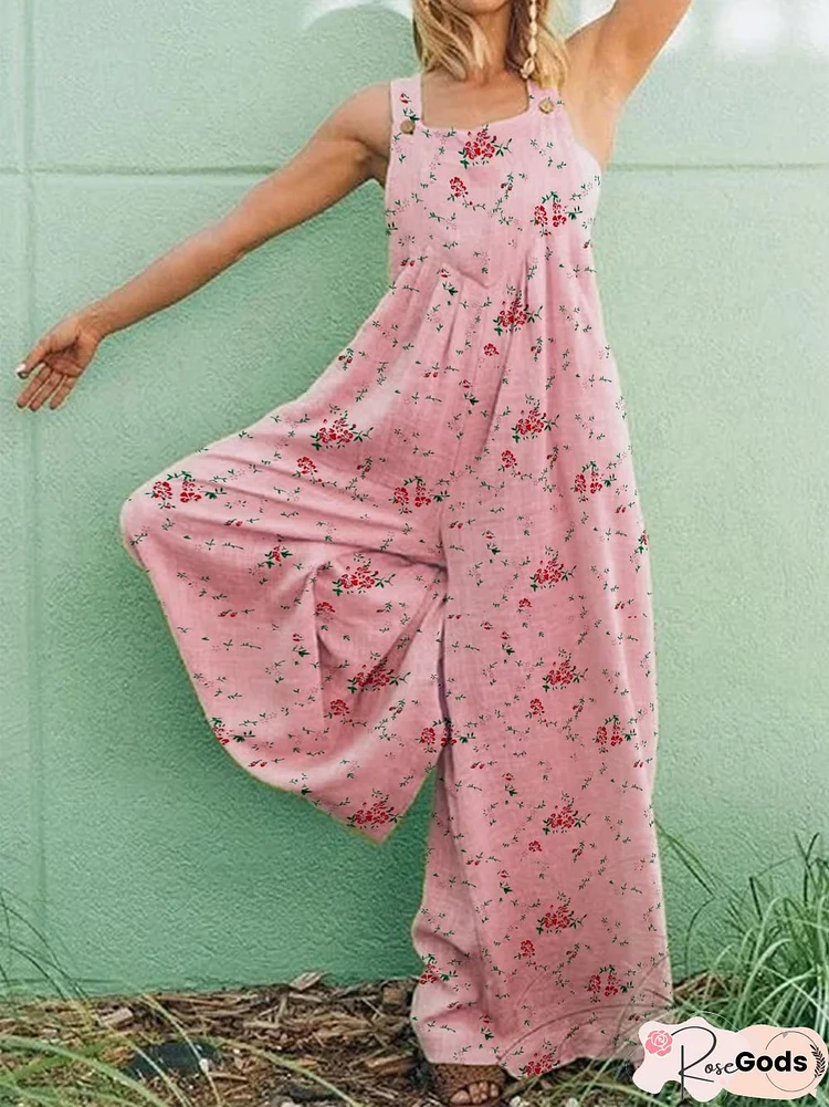 Vintage Casual Plus Size Floral Printed Jumpsuit Overalls Jumpsuit & Romper
