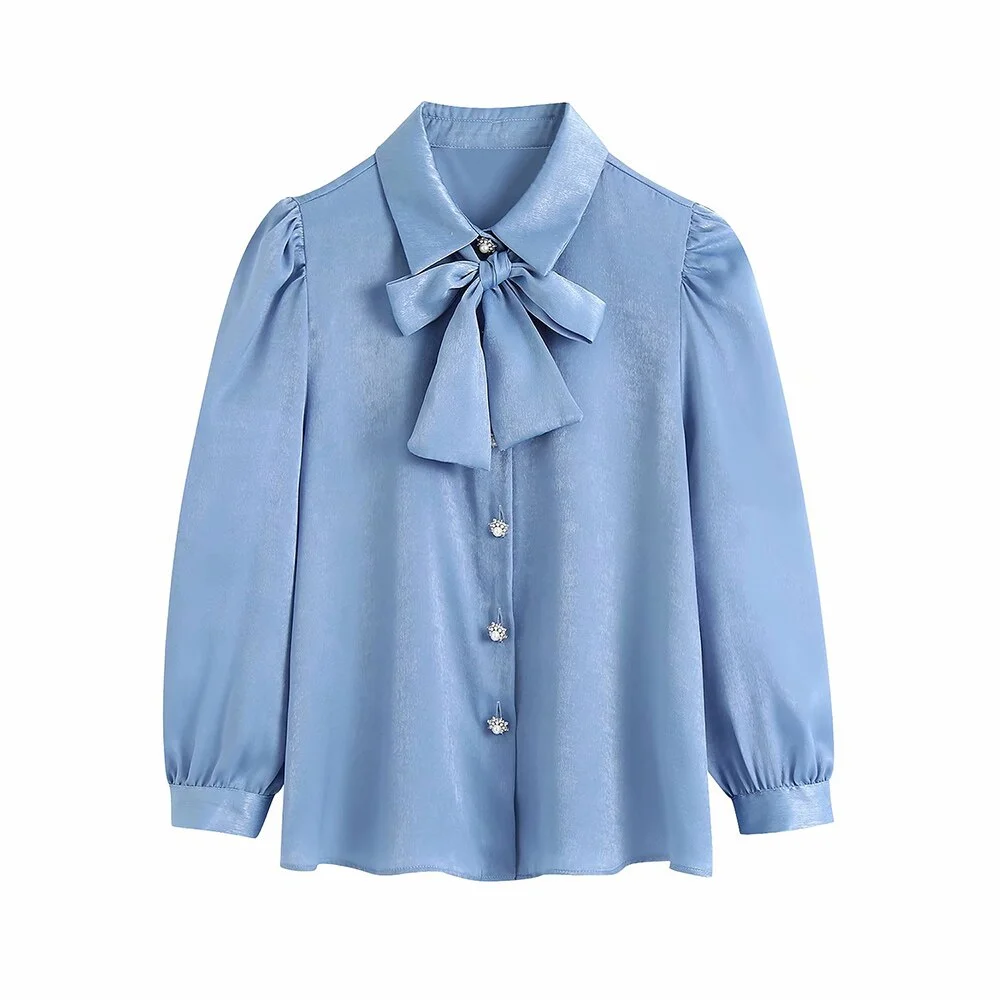 TRAF Women Fashion With Bow Tied Cozy Blouses Vintage Three Quarter Sleeve Rhinestone Buttons Female Shirts Chic Tops