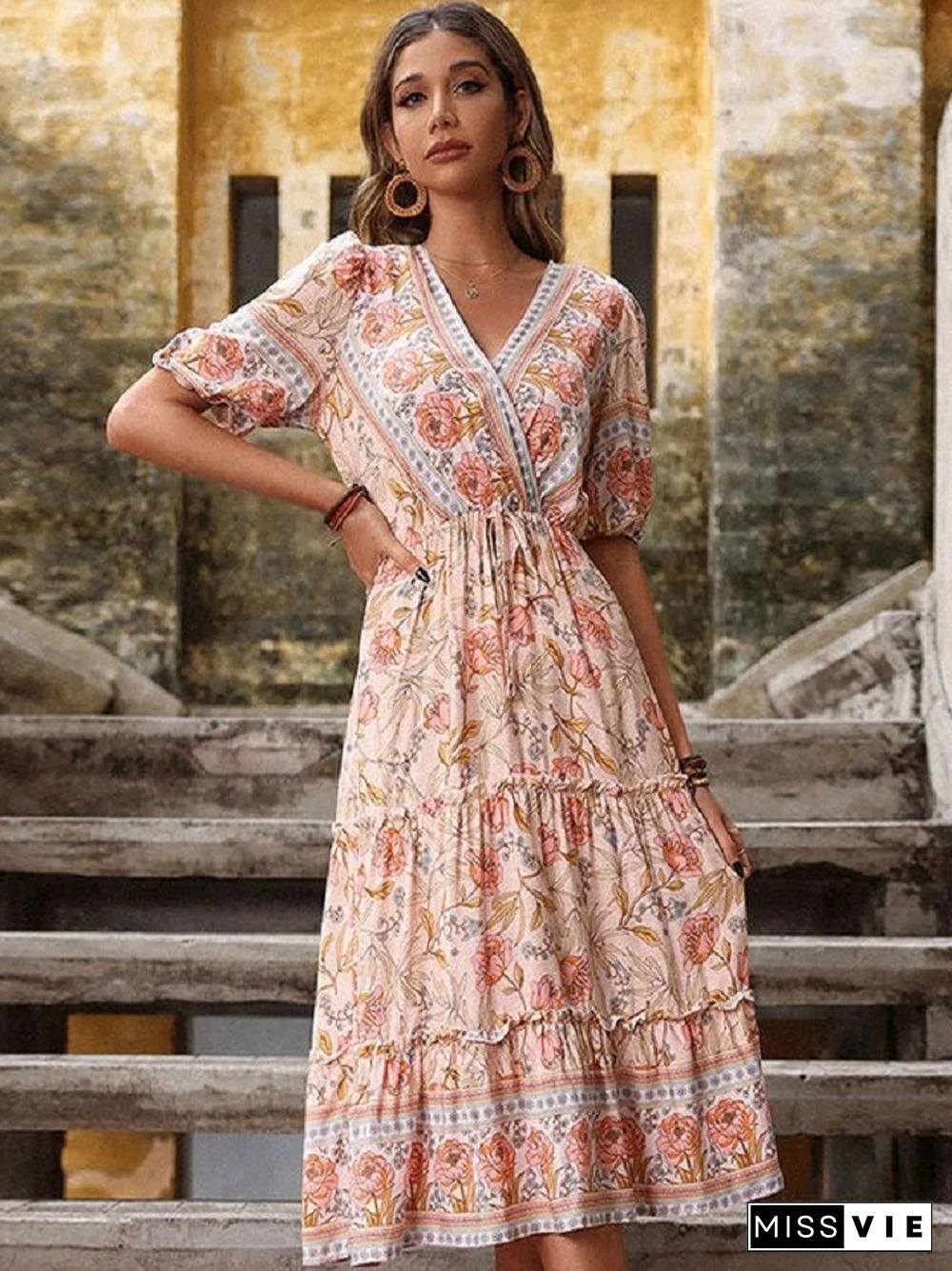 Holiday Style Print V-neck  Bohemian Dress