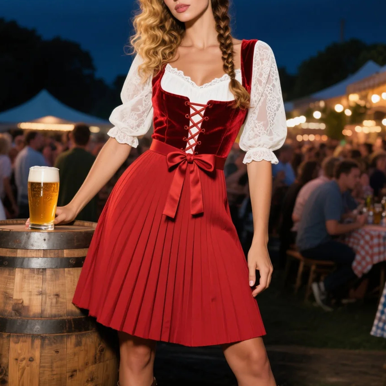 Vintage Dress Suit With Lace Inner Wear, Velvet Drawstring Vest, Pleated Skirt Suit, Beer Festival Dress