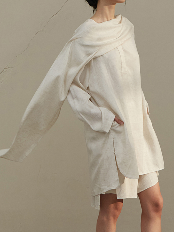 Long Sleeve Side Split Pockets Cotton Linen Blouses