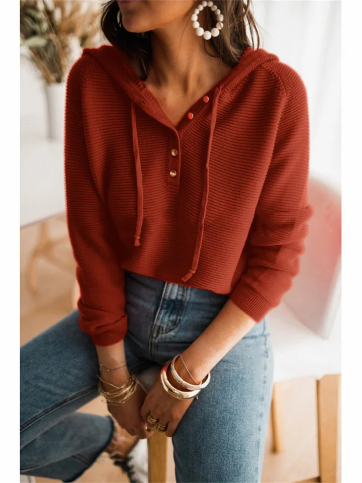 Autumn and Winter New Hooded Loose Knit Sweater Solid Color Pullover Casual Sweater Striped Sweater Women