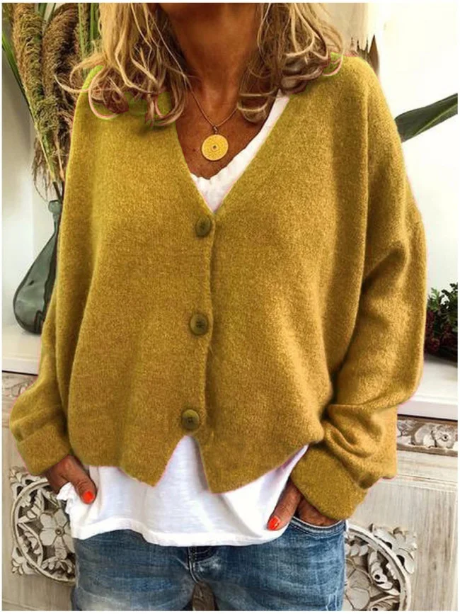 Mongw Mongw And Winter Women's Sweater Cardigan Pure Color Long Sleeve V Neck Sweater Women