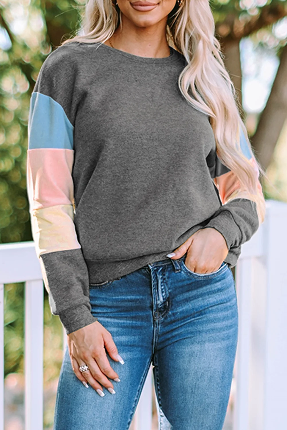 Gray Colorblock Long Sleeve Pullover Sweatshirt | IFYHOME