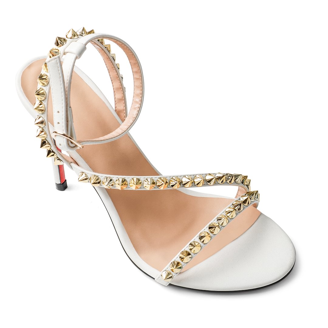 100mm Women Slingback Open Toe Rivets Sandals Ankle Buckle High Heel Summer Red Bottoms Shoes-MERUMOTE