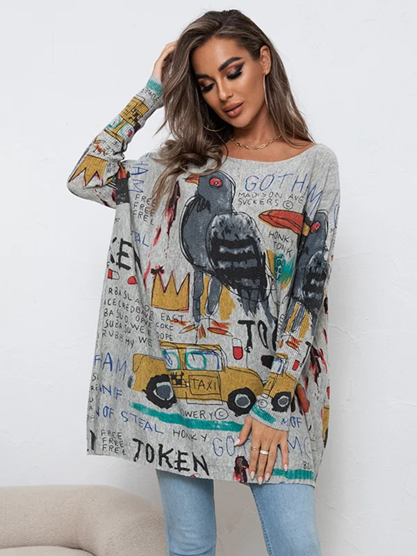 Casual Long Sleeves Loose Cartoon Printed Contrast Color Round-Neck Sweater Tops