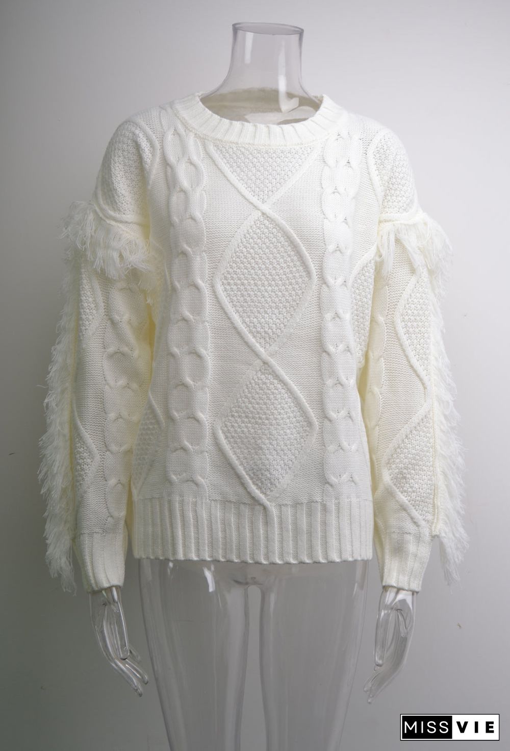 Round Neck Long Sleeve Cable Knit Design Sweater