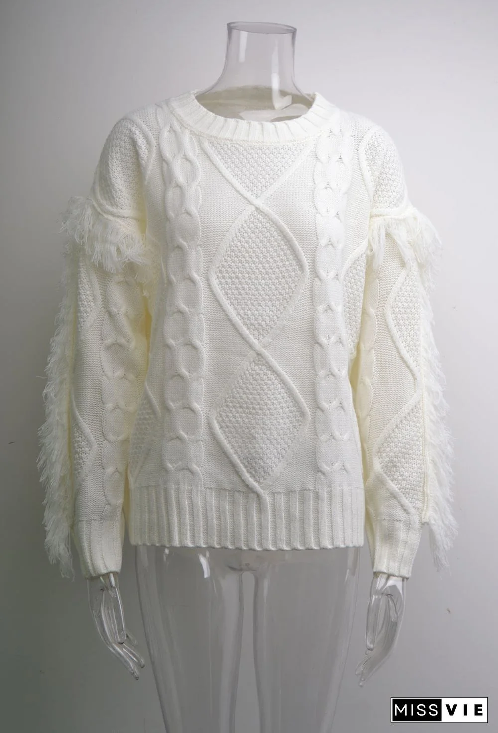 Round Neck Long Sleeve Cable Knit Design Sweater