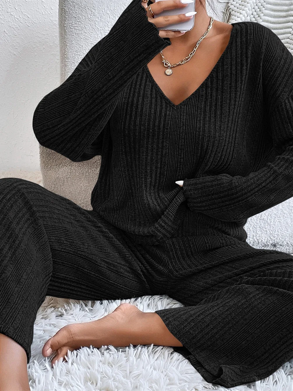 Women's Long Sleeve V-neck Solid Color Two-Piece Set