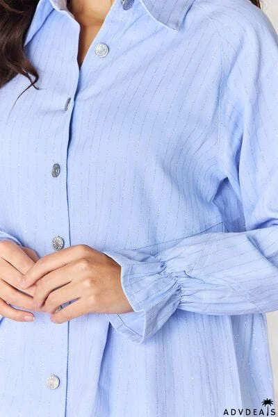 Button Up Collared Neck Flounce Sleeve Denim Dress