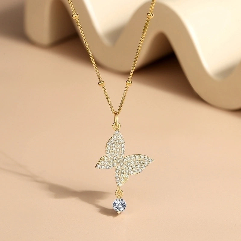 925 Sterling Silver Zircon Plating Inlay Butterfly Pendant Necklace