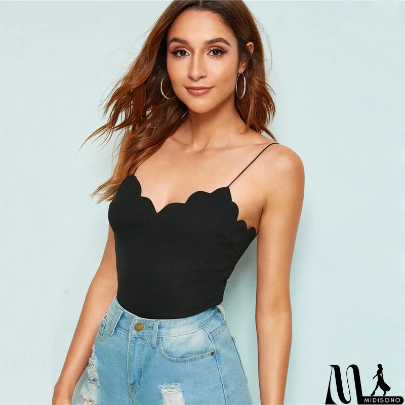 MidiSono - Trim Rib-Knit Top Solid Slim Fit Summer Women Clothing Strap Tops