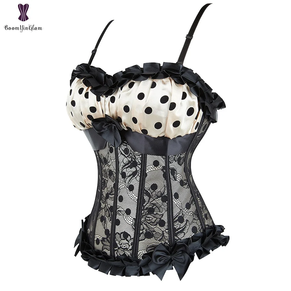 Removable Straps Side Zip Closure Overlay Lace Up Boned Corsets Ruffled Top Polka Dot Corset Bustier Overbust 8899#