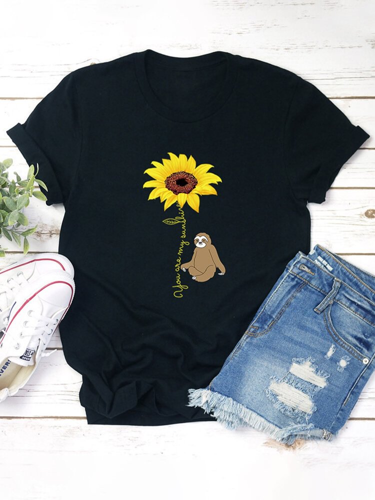 Casual Floral Cartoon Printed Short Sleeve O neck T Shirt For Women P1648938