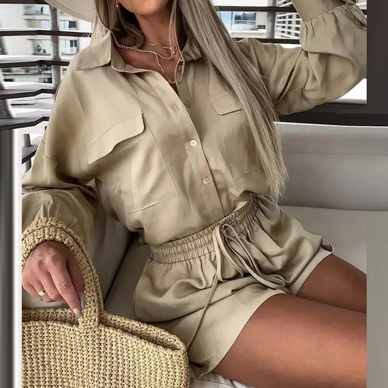 Uveng Uveng 2024 Women's New Casual Solid Color Shirt Rope Lace Shorts Fashion Suit Women