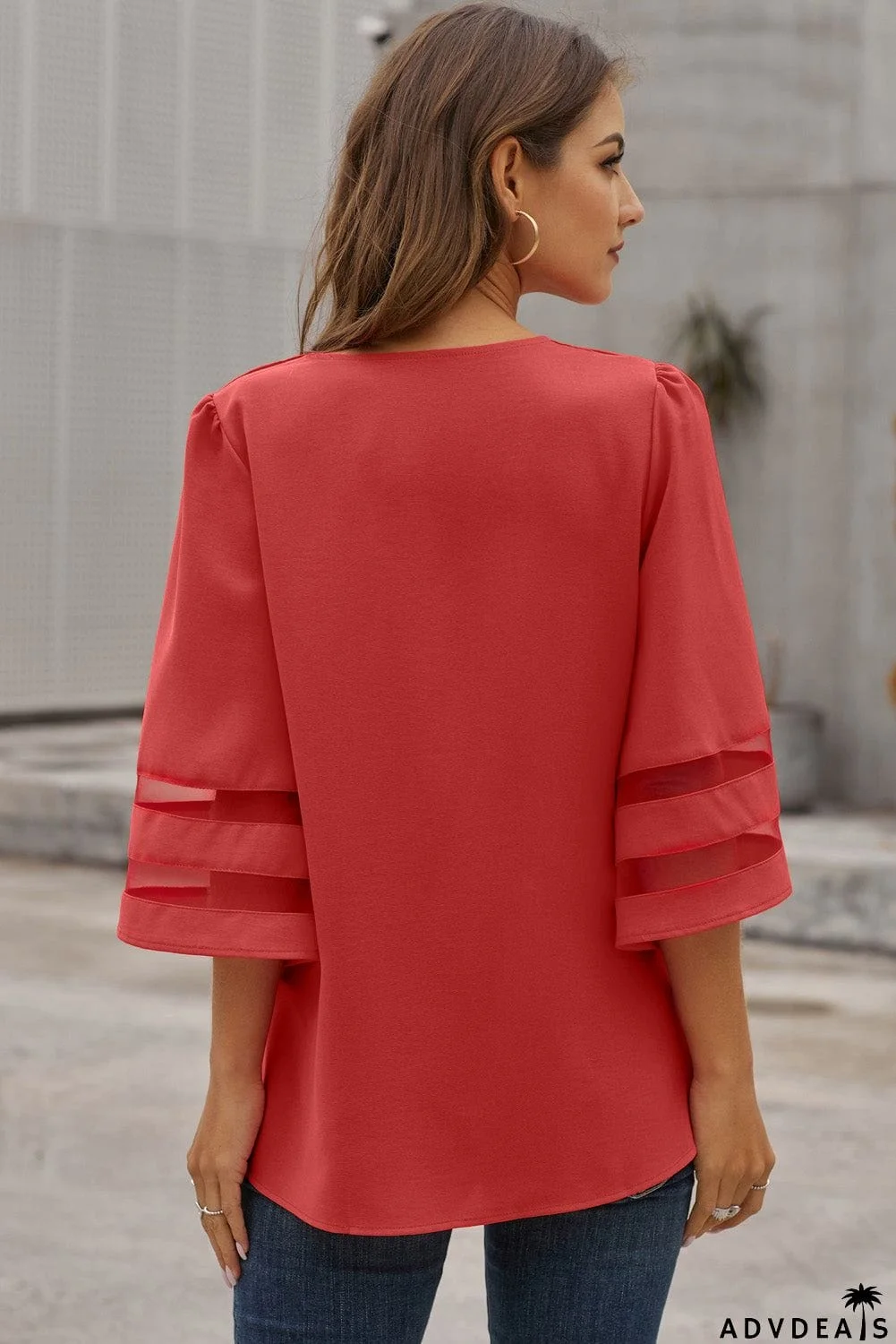 Red Flare Sleeve V Neck Loose Women's Chiffon Blouse