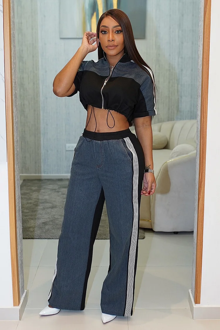 Colorblock Short Sleeve Crop Top Denim Patchwork Pants Matching Set-Blue