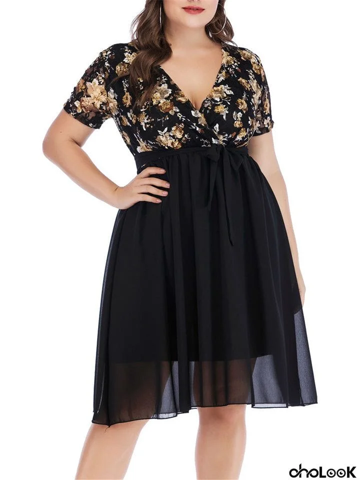 Plus Size Chiffon Patchwork Printed Floral Lace V Neck Short Sleeve Dress