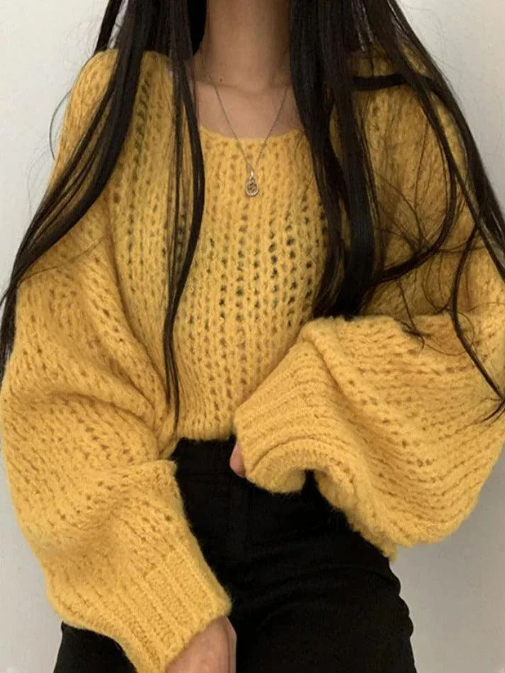 Brownm Cutout Lantern Sleeve Baggy Sweater