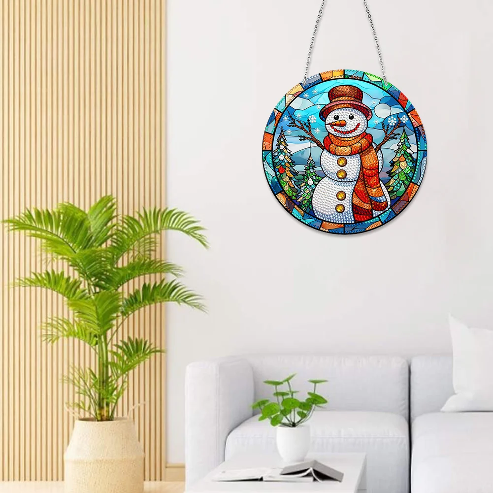 DIY Snowman Diamond Stained Glass Style Hanging Decoration Double Side Home Garden Decoration