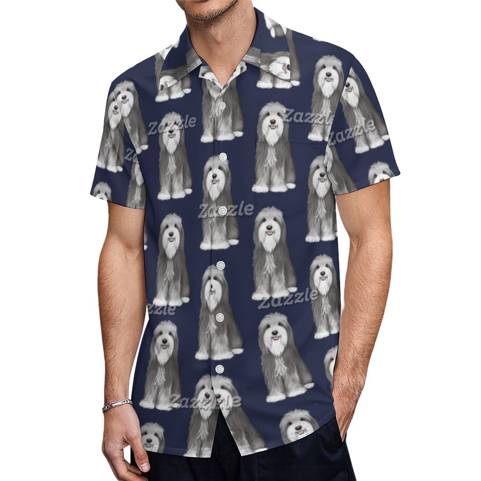 Cute Bearded Collie Cartoon Dog Pattern Hawaiian Shirt Mens Button Down Plus Size Tropical Hawaii Beach Shirts