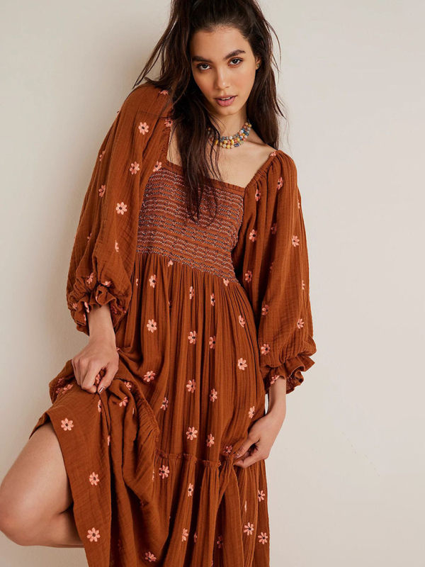 Mature Women Summer New Casual Embroidered Square Neck Sunflower Brown Dress