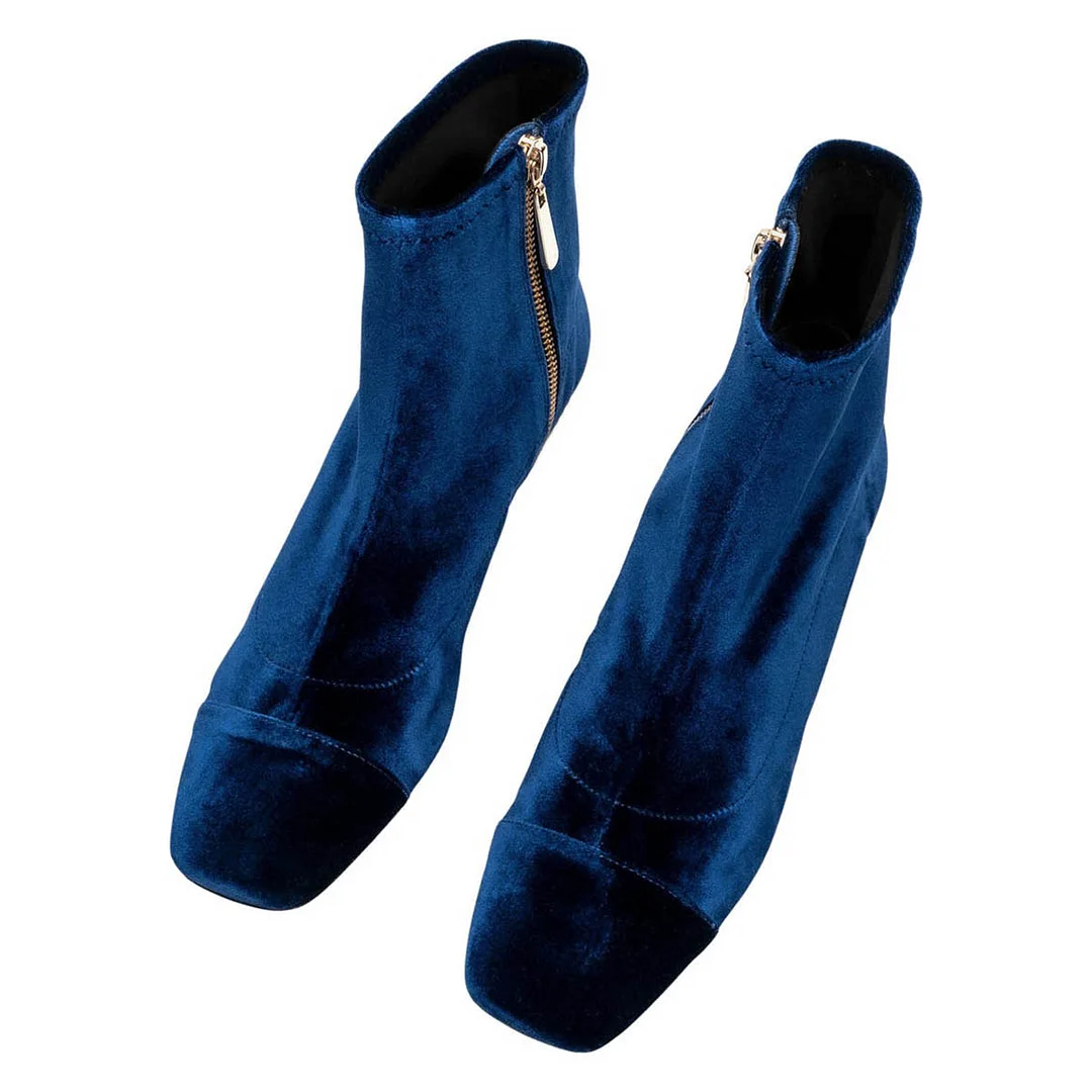 Navy Crystal Sculptural Heel Velvet Square Toe Short Boots for Women