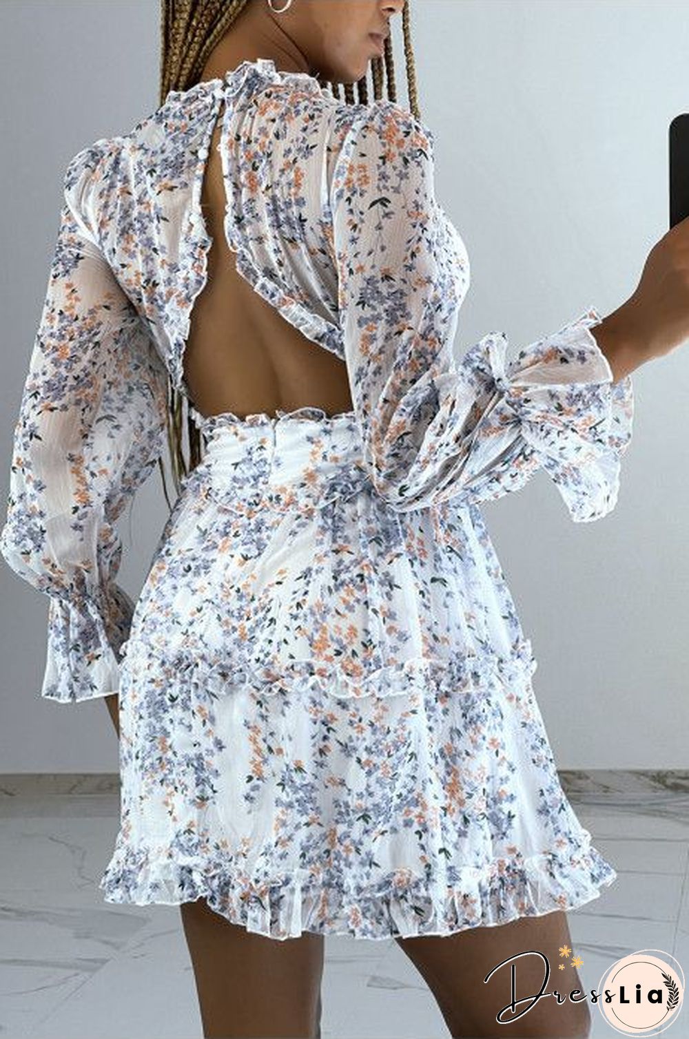Ditsy Floral Prints Ruffle Edge Tiered Long Sleeve Boho Dress